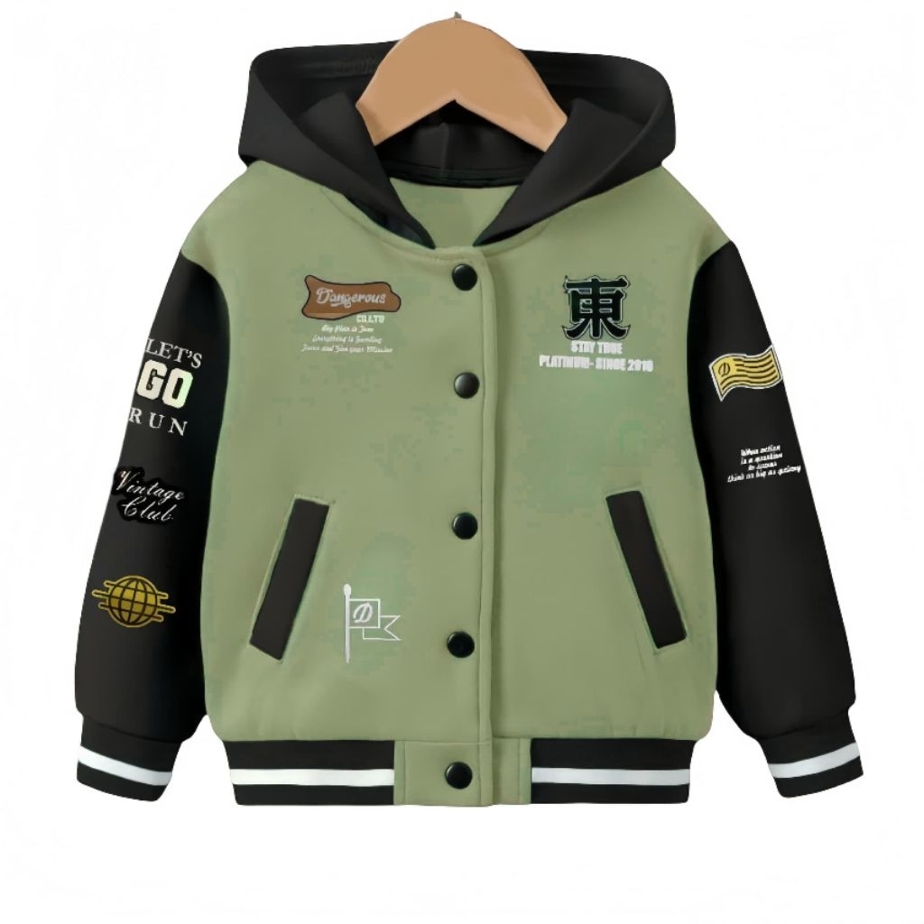 Jaket Varsity Hoodie Baseball Anak Laki laki Perempuan Usia 3 Sampai 13 Tahun Bahan Fleece Premium T