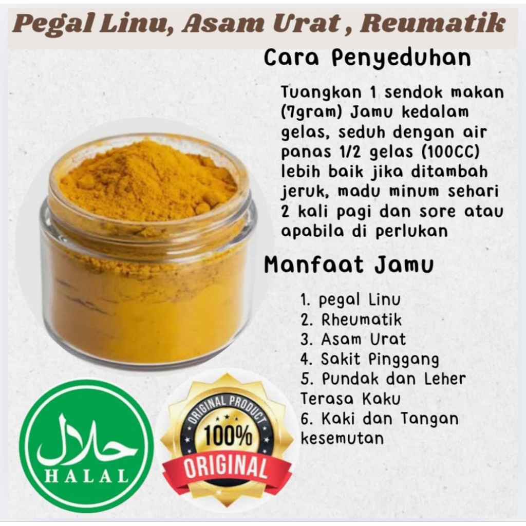 

Jamu bubuk Tradisional pegal linu, Asam urat dan lain lain isi 100 gram