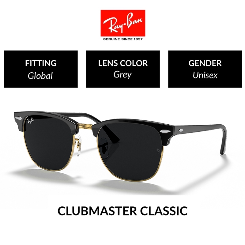 New 100% Original Ray-Ban Kacamata Hitam CLUBMASTER RB3016 Sunglasses Black pria wanita Grey