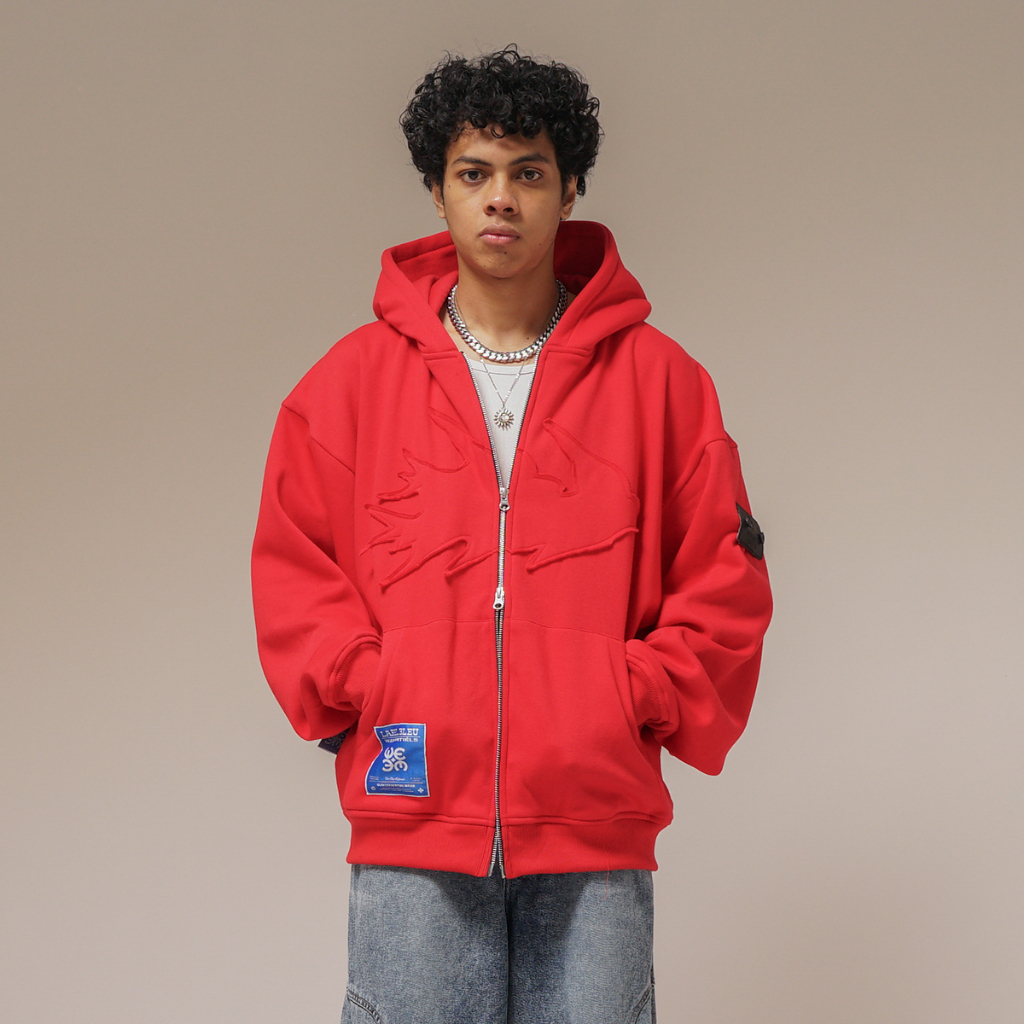 W.Essentiels Label Bleu Affinity Hirondelle Oversize Raw Embroidered Zip Hoodie Crimson Red