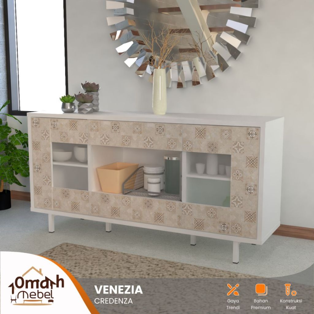 OMAH MEBEL SURABAYA - Buffet Penyimpanan Kaca Series Venezia Kokoh kaki Besi