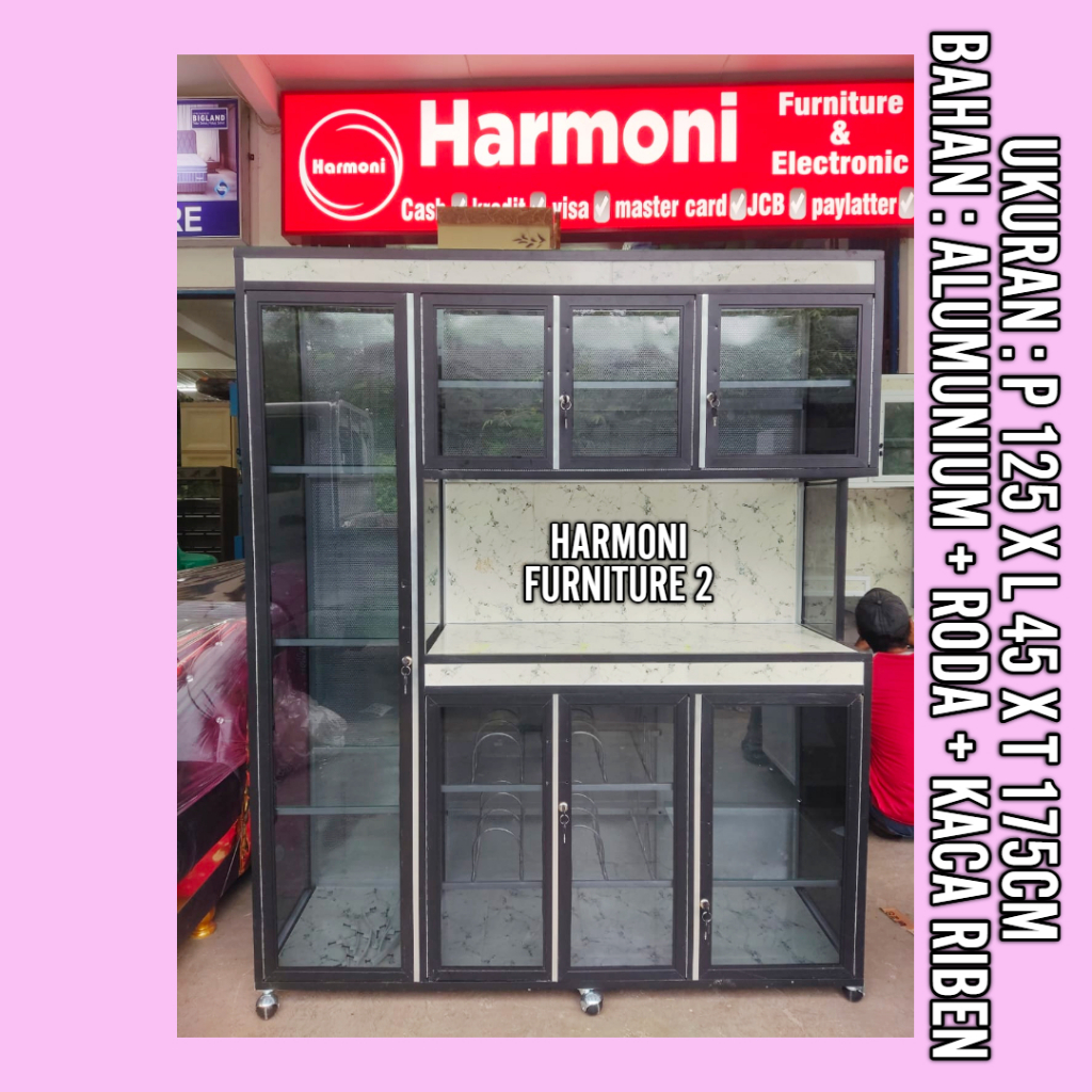 RAK DAPUR ALUMUNIUM 4 PINTU RODA KACA RIBEN RAK SAYUR ALUMUNIUM 4 PINTU RAK PIRING ALUMUNIUM 4 PINTU