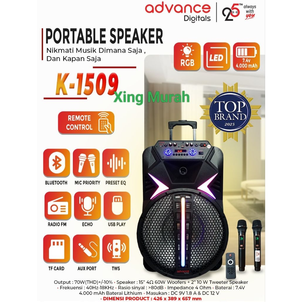 Speaker Aktif Advance 15 inch 1509 Free 2 Mic Wireless