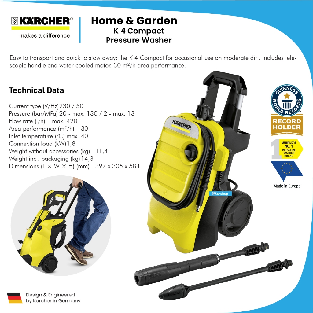 Karcher Pressure Washer K 4 Compact 1800 Watt 130 Bar | Karcher High Pressure Cleaner K 4 Premium Po