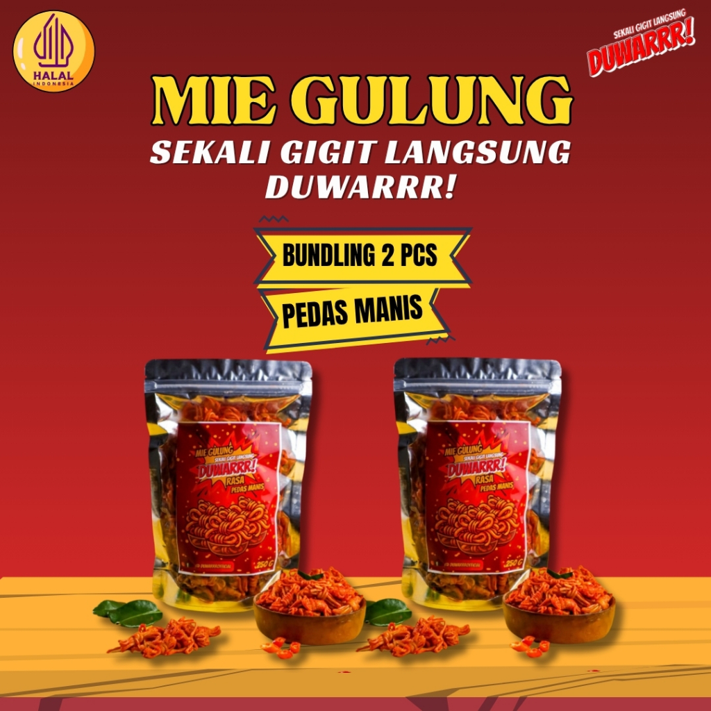 

[BUNDLING HEMAT] Rasa Pedas Manis 2pcs 250g Mie Gulung DUWARRR Cemilan Pedas Daun Jeruk