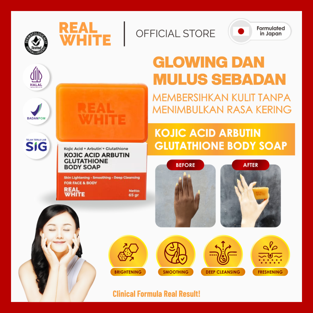 REAL WHITE Sabun Pemutih Kojic Acid Arbutin Glutathione Brightening Soap Bar Untuk Wajah & Badan | B