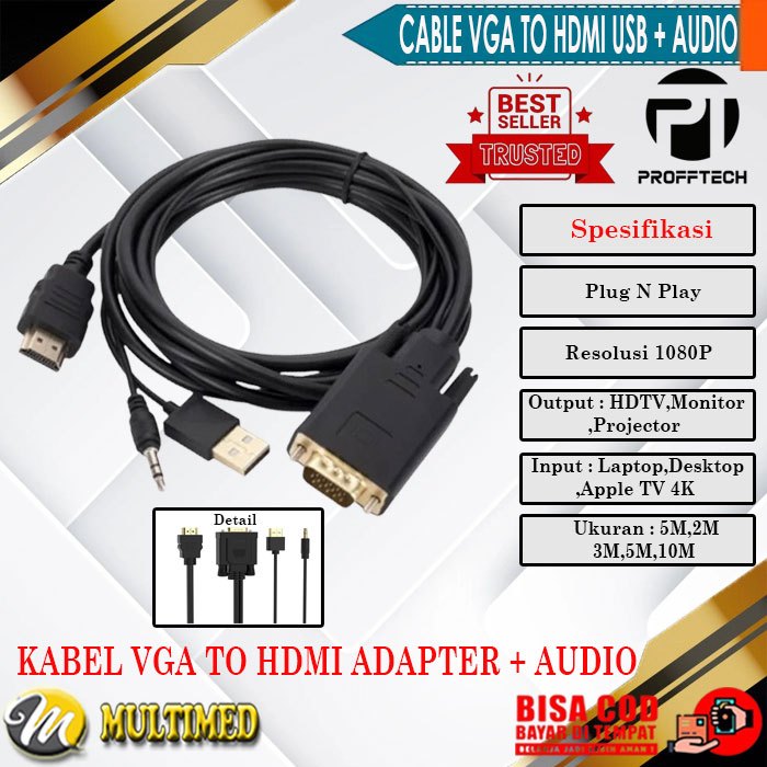 KABEL VGA TO HDMI, USB + AUDIO, ORIGINAL PROFFTECH 1,5M-10M