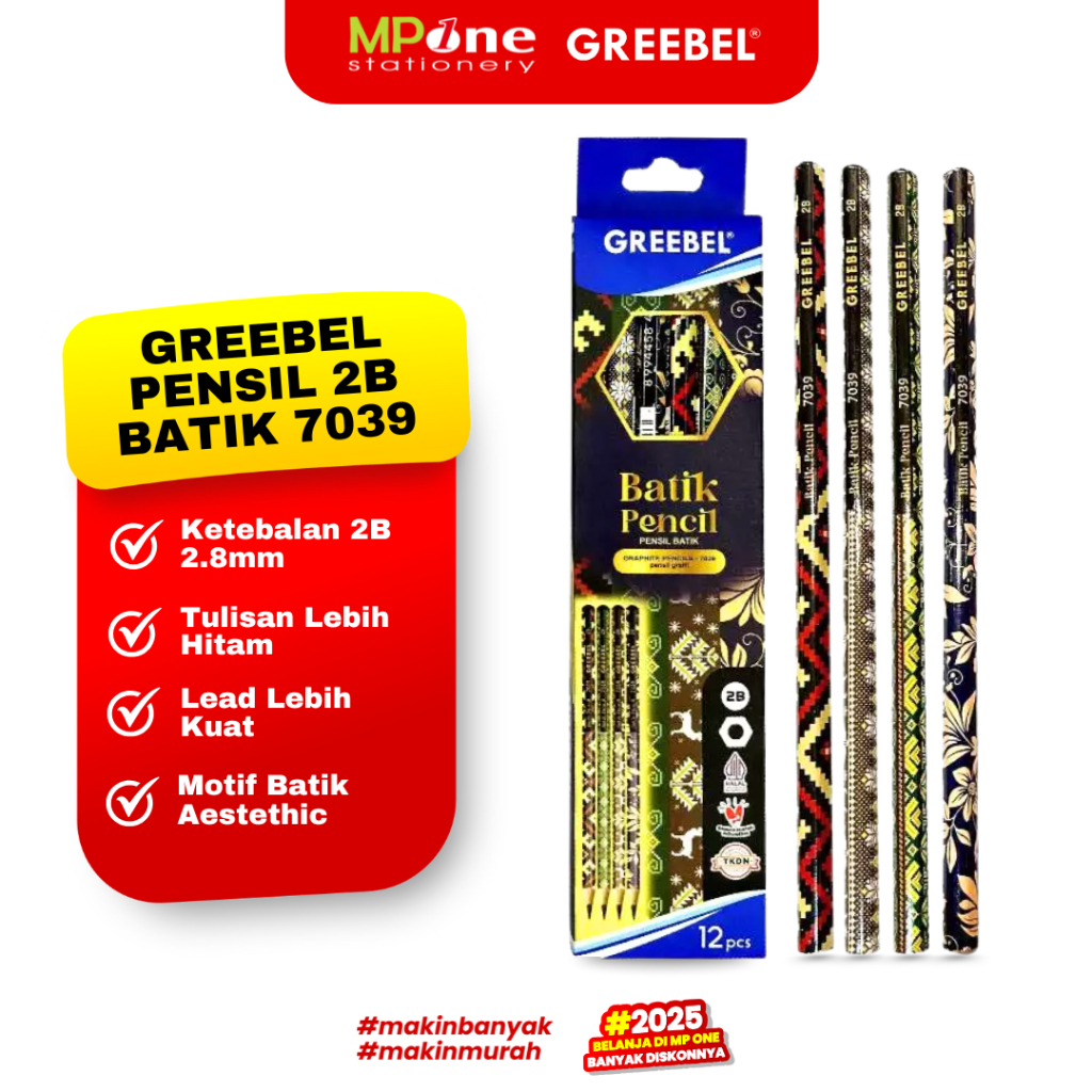 

(1 KOTAK) Greebel Pensil Kayu 2B Motif Batik 7039 / Pensil Batik 2B Graphite Ujian GREEBEL Isi 12pcs