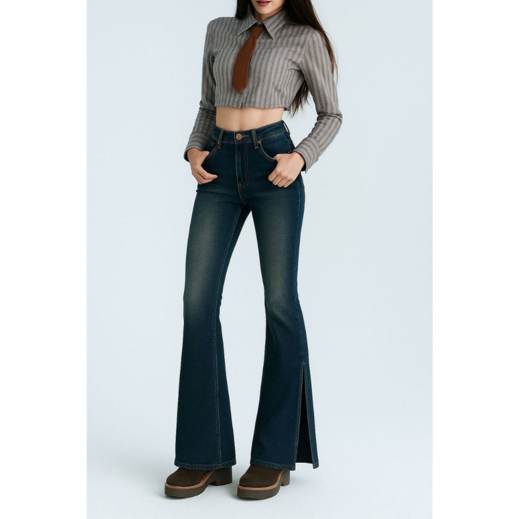 Highwaist Cutbray Celana Jeans Wanita Cutbray Belah Samping Celana Jeans Kekinian Retron Green Belah