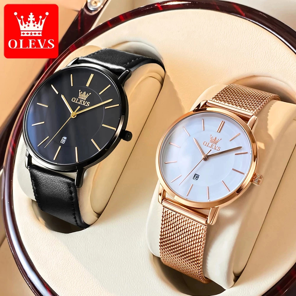 OLEVS Jam Tangan Couple Original Luxury Kalender Kulit Stainless Steel Anti Karat Pasangan Watch
