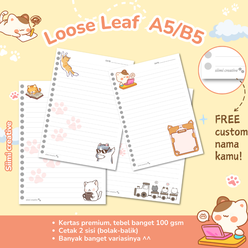 

LOOSE LEAF A5/B5 KERTAS BINDER - DESAIN KUCING LUCU Notebook