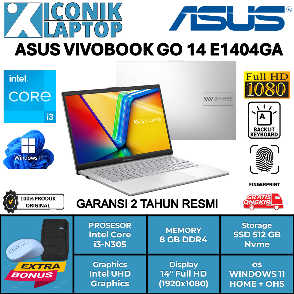 Laptop Baru TIpis ASUS VIVOBOOK GO 14 E1404GA Intel Core i3 Ram 8 GB Ssd 512 GB Garansi Resmi Asus