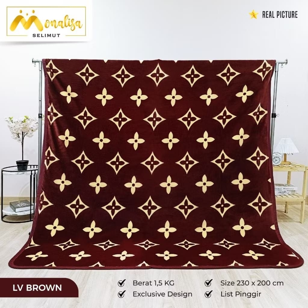 Selimut Premium Monalisa 230x200 (1500 gram) motif brand LV Louis Vuitton