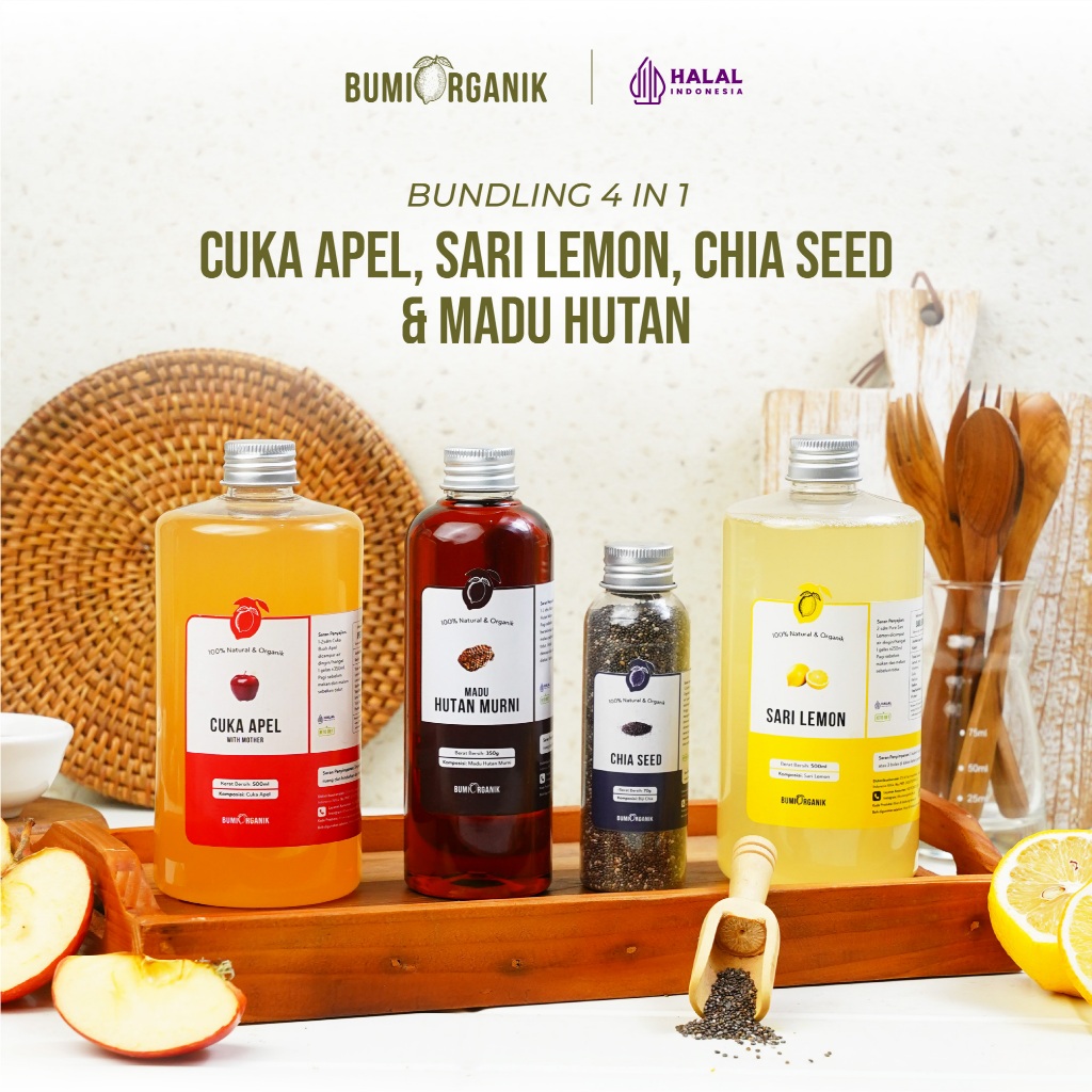 

PAKET 4 IN 1 SARI LEMON CUKA APEL & MADU MULTIFLORA / HUTAN BUMI ORGANIK UNTUK DIET WAJAH LAMBUNG ORIGINAL HALAL APPLE CIDER VINEGAR WITH MOTHER HALAL ORGANIC DEHEALTH NUTRILOGY OFFICIAL / NUTRIFARM / DARI BUMI / BEORGANIK TAHESTA BRAGG VINEGAR HEINZ