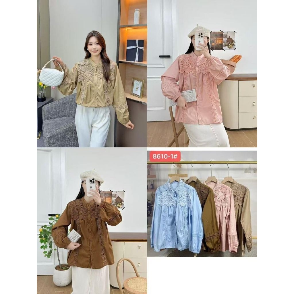 (8610)Atasan kemeja wanita renda import kekinian