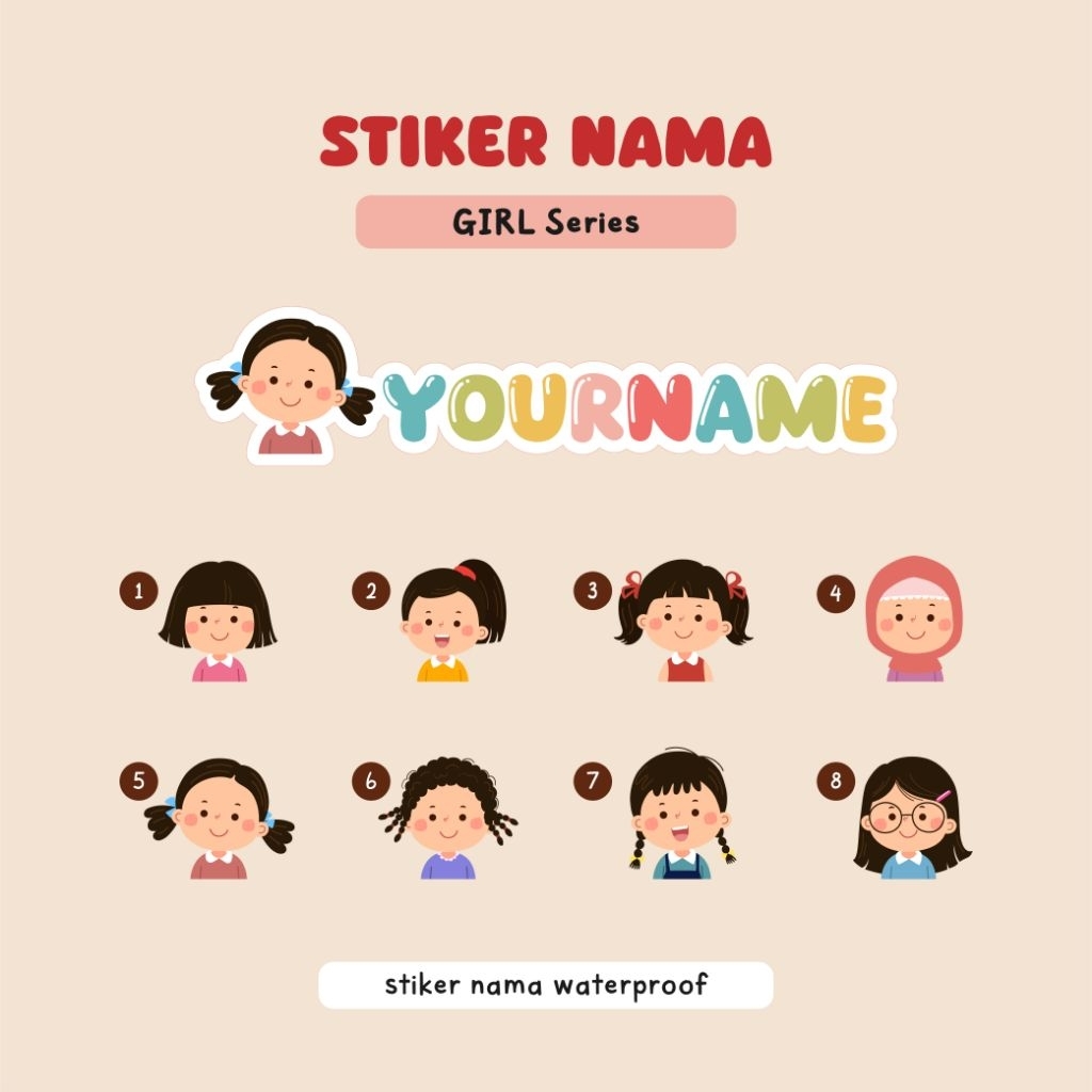 

stiker nama waterproof / label nama anak custom edisi girl series