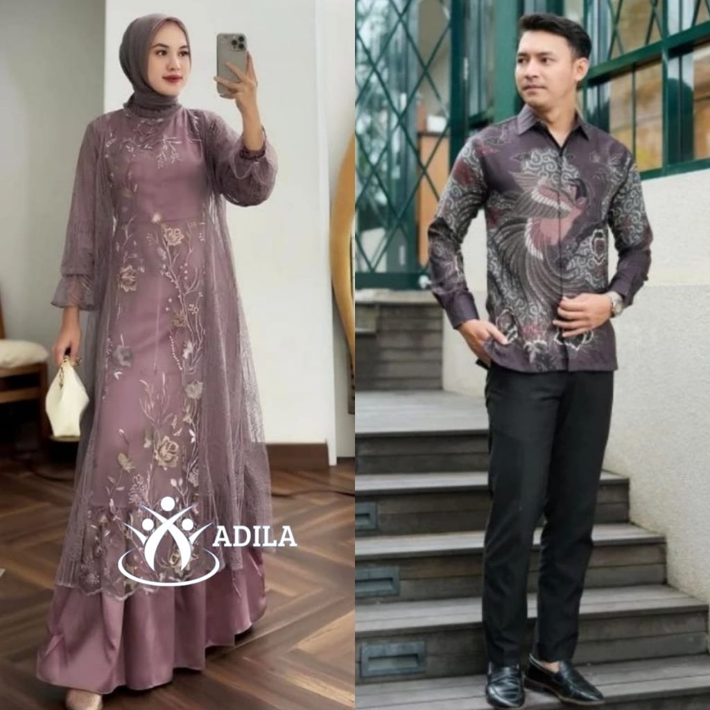 (ADA JUMBO) Batik Couple Gamis Brokat Terbaru Couple Kondangan Couple Tunangan Modern Jumbo,Dress Br