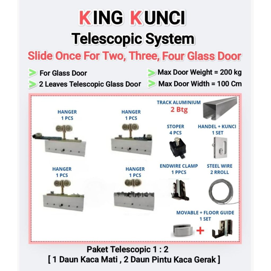 Aksesoris rel pintu sliding teleskopik kaca / Accesories rel sliding telescopic kaca