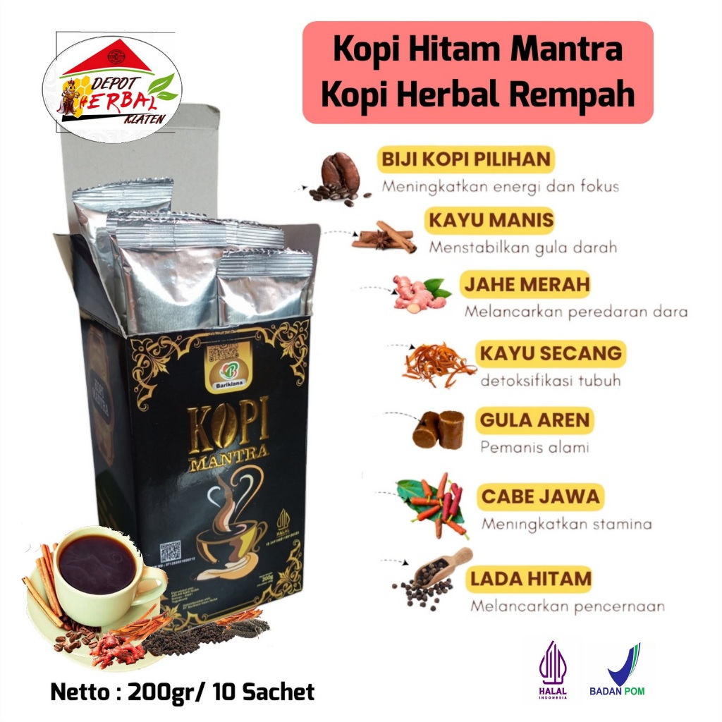 

Kopi Hitam Mantra Herbal Rempah-Jahe Merah-Kayu Manis-Cabe Jawa-Lada Hitam-Kayu Secang-Gula Aren