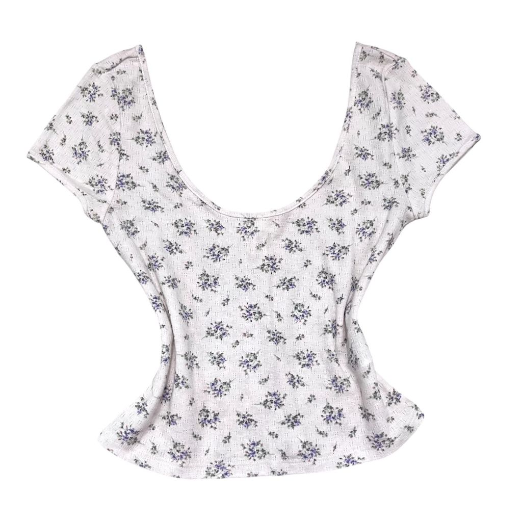 H&M Pointelle Floral Boat Neck Milkmaid Crop Top | motif bunga coquette cottagecore fairycore bohemi