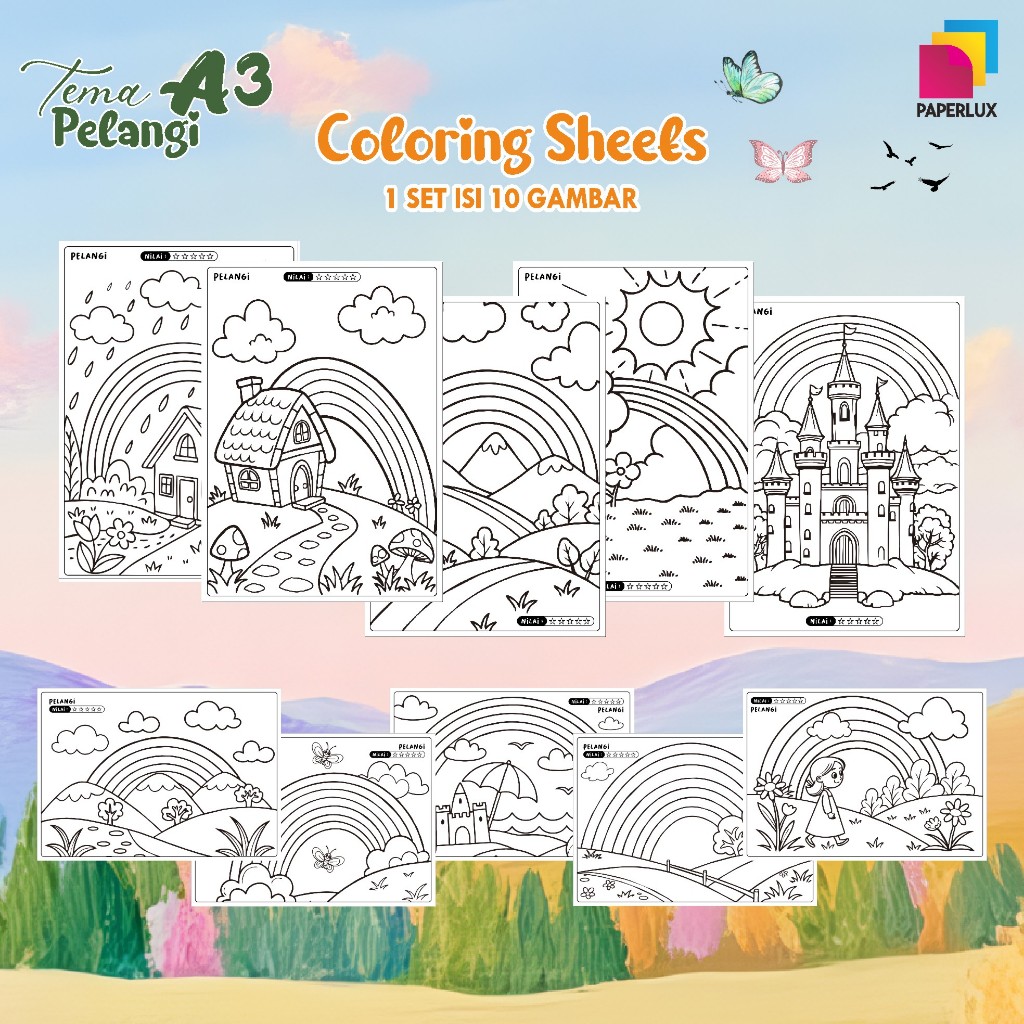

KERTAS GAMBAR MEWARNAI TEMA PELANGI - LEMBAR COLORING SHEETS FOR KIDS ISI 10 LEMBAR [A3] READY