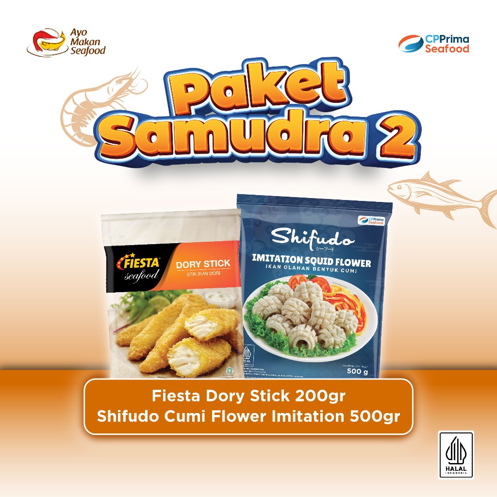 

Paket Samudra 2: Fiesta Dory Stick 200g & Shifudo Cumi Flower Imitation 500g / Paket Super Hemat Seafood / Paket Hemat Frozen Food