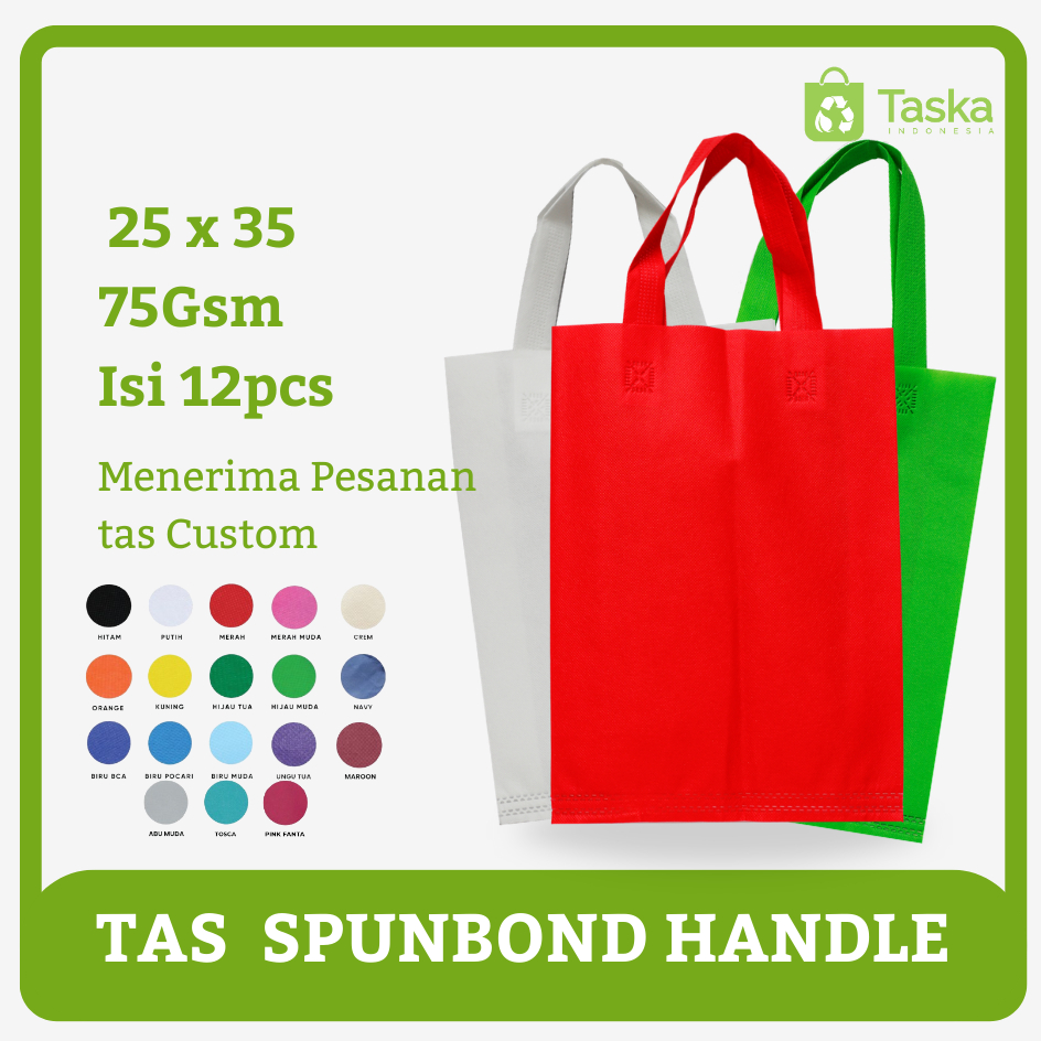 

Taska - (Isi 12) Tas Spunbond Handle 25x35 Banyak Warna Harga Lusinan Goodiebag Souvenir Grosir