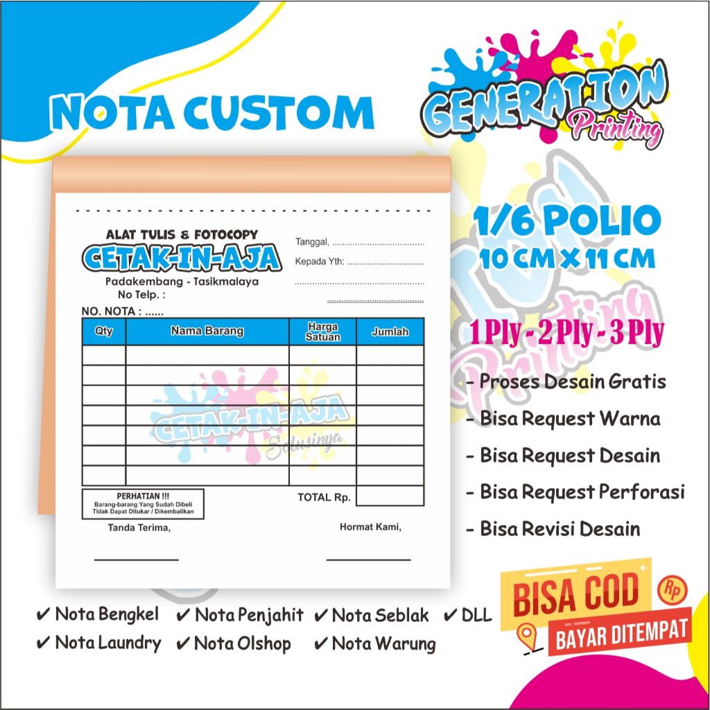 

NOTA BON CUSTOM FREE DESAIN 1/6 BERBAGAI TOKO, SEBLAK, BENGKEL, PONSEL, LAUNDRY, DLL ISI 50 LEMBAR