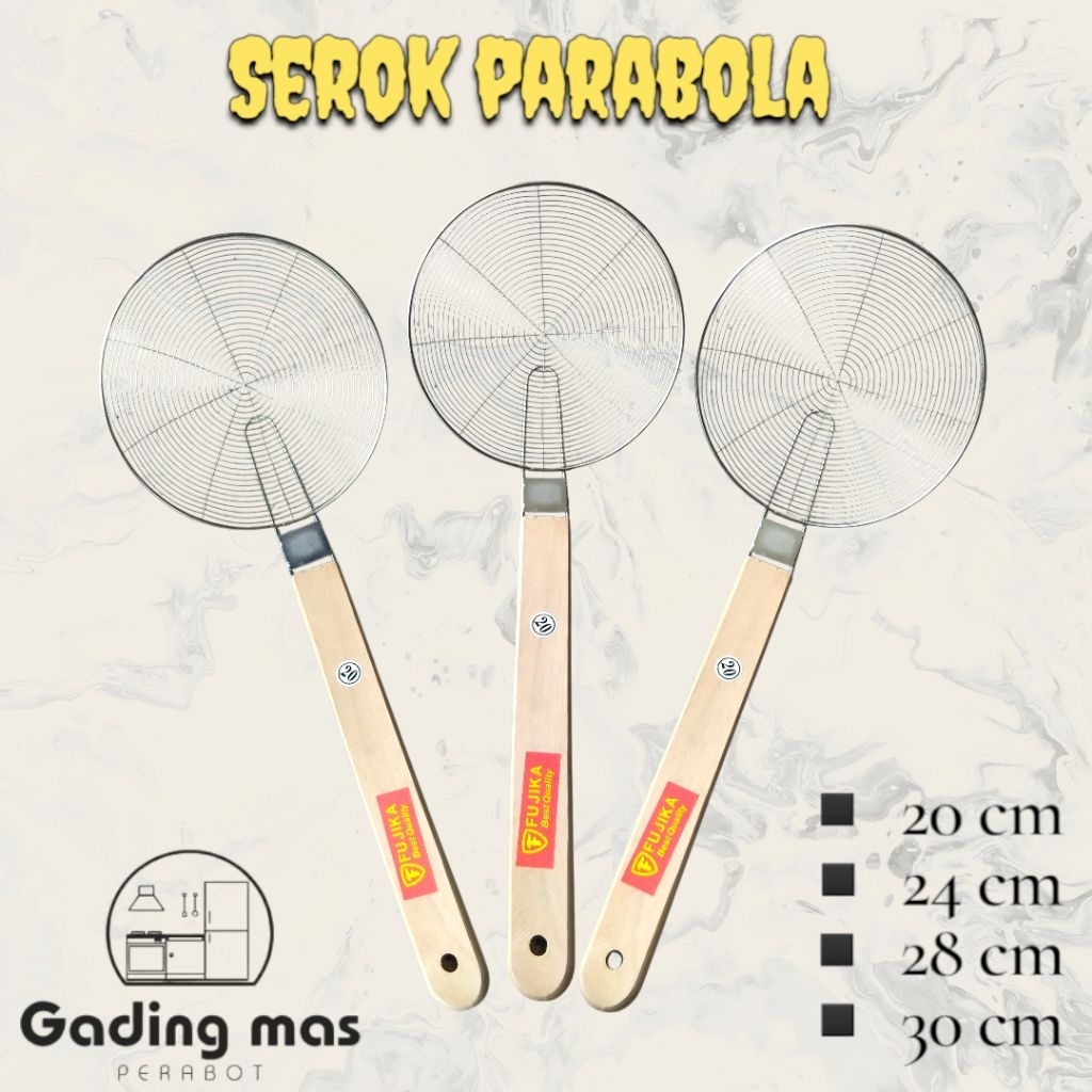 SEROK PENGGORENGAN PARABOLA LABA LABA BESAR GAGANG KAYU TIRISAN PENIRIS