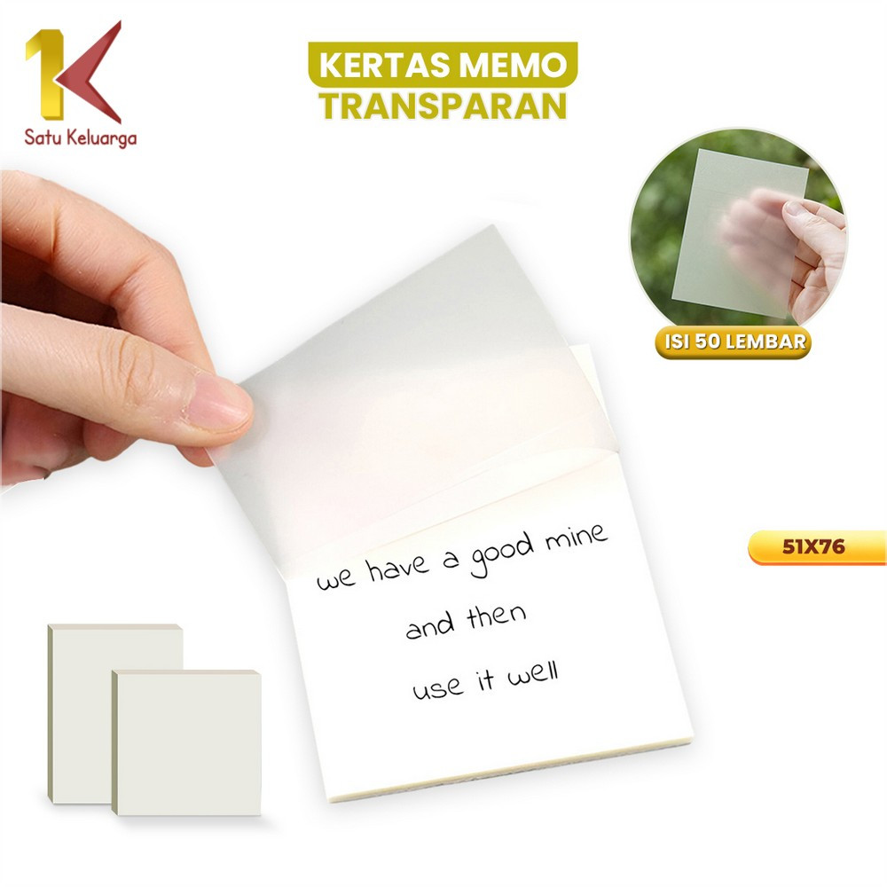 

EC Satu Keluarga Sticky Note Transparan UK 51X76 Isi 50 Lembar A87 Memo Kertas Tempel Anti Air Waterproof Serbaguna Untuk Kantor Sekolah / Label Stickers Catatan Bening