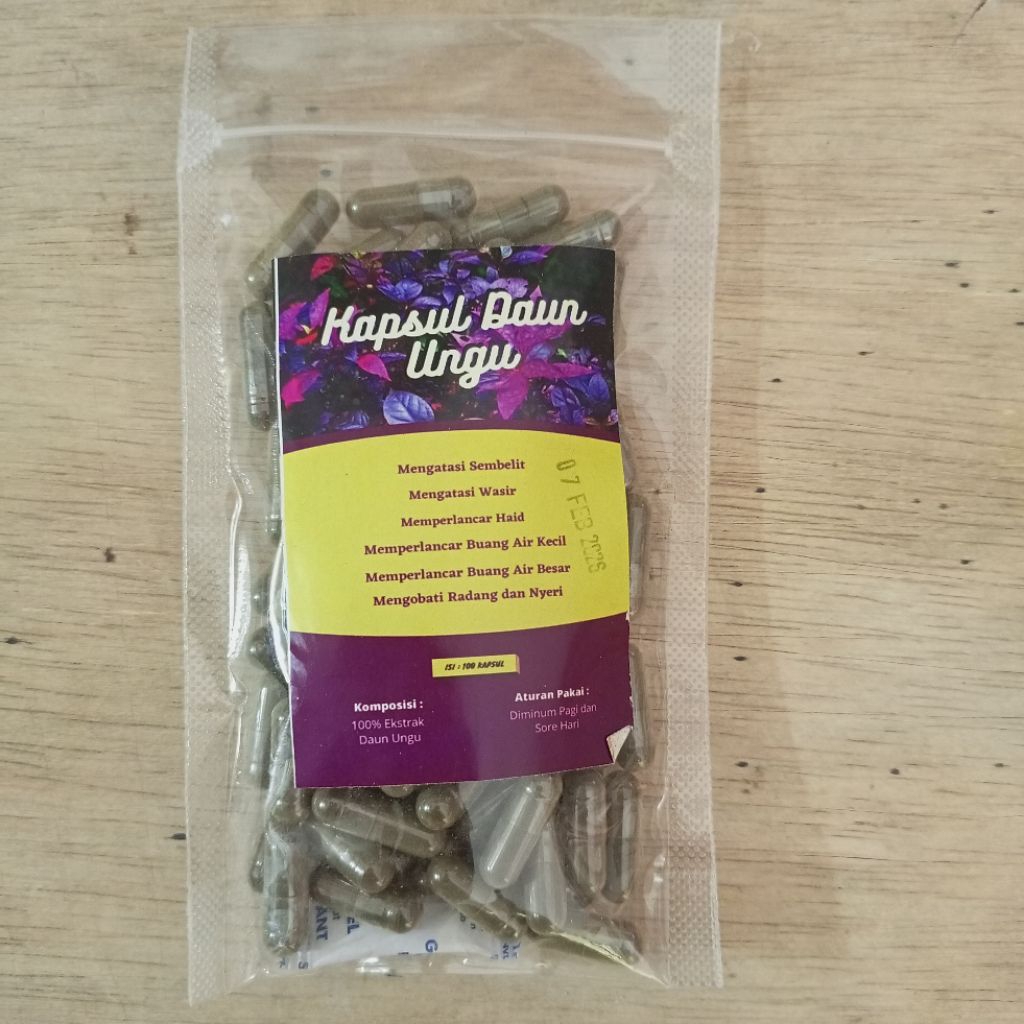 

jamu tradisional kapsul daun purple isi 100 kapsul mengobati radang dan nyeri , memperlancar buang air kecil dan besar , mengatasi sembelit dan wasir , memperlancar haid