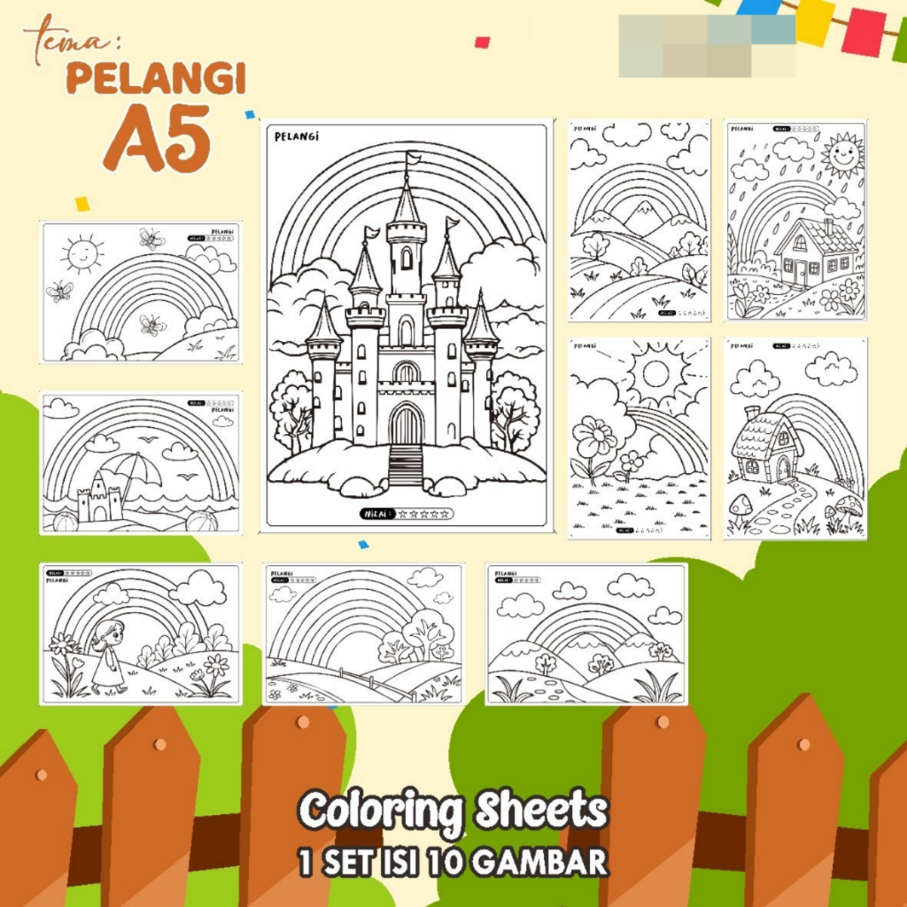 

KERTAS GAMBAR MEWARNAI TEMA PELANGI - LEMBAR COLORING SHEETS FOR KIDS ISI 10 LEMBAR [A5] READY