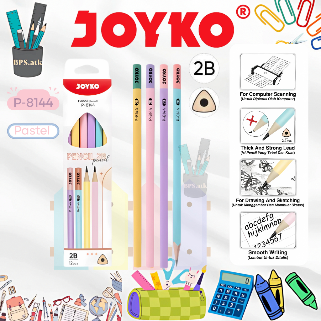 

(12pcs) Pencil / Pensil JOYKO P - 8144 2B Pastel , Pensil Kayu Serut Anak Bentuk Segitiga