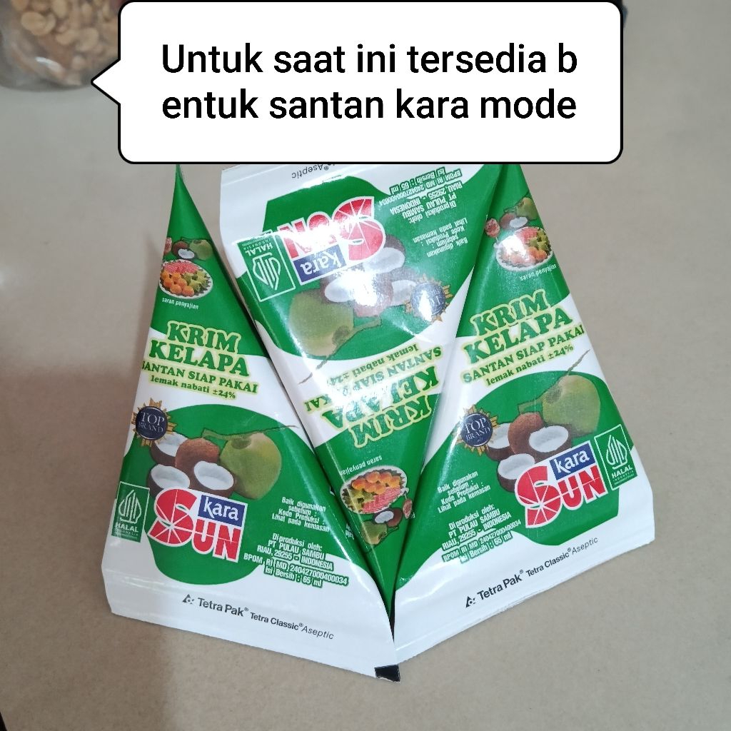 

Santan Kelapa Siap Pakai merk. SUN Kara bentuk kerucut 65ml Lebih Kental