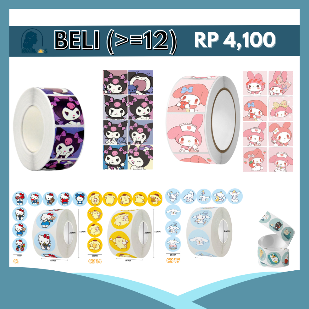 

500 Pcs Stiker Bulat Sanrio Roll My Melody Kuromi Hello Kitty Purin Cinnamon Cute Sticker ST001