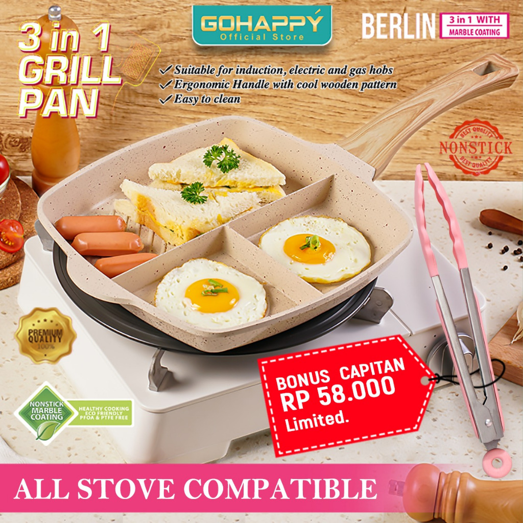 (BONUS CAPITAN 58RB) Panci Barbeque BERLIN GRILL PAN 3 DEVIDED PAN| Alat Masak Telur Sandwich sosis 
