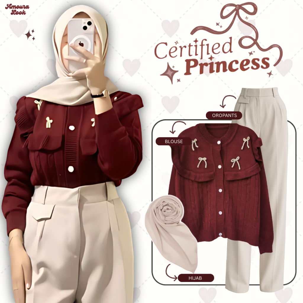 Outfit Wanita Kekinian One set Aqela ( Blouse Pita + Celana Oropants + Bella Square ) Setelan OOTD