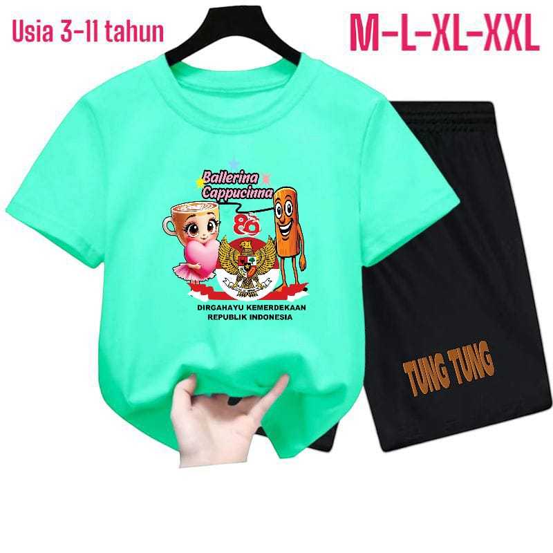 Setelan Anak  Laki-Laki Dan Perempuan BALLERINA TUNG TUNG DIRGAHAYU Viral Baju Pendek Dan Celana Pen
