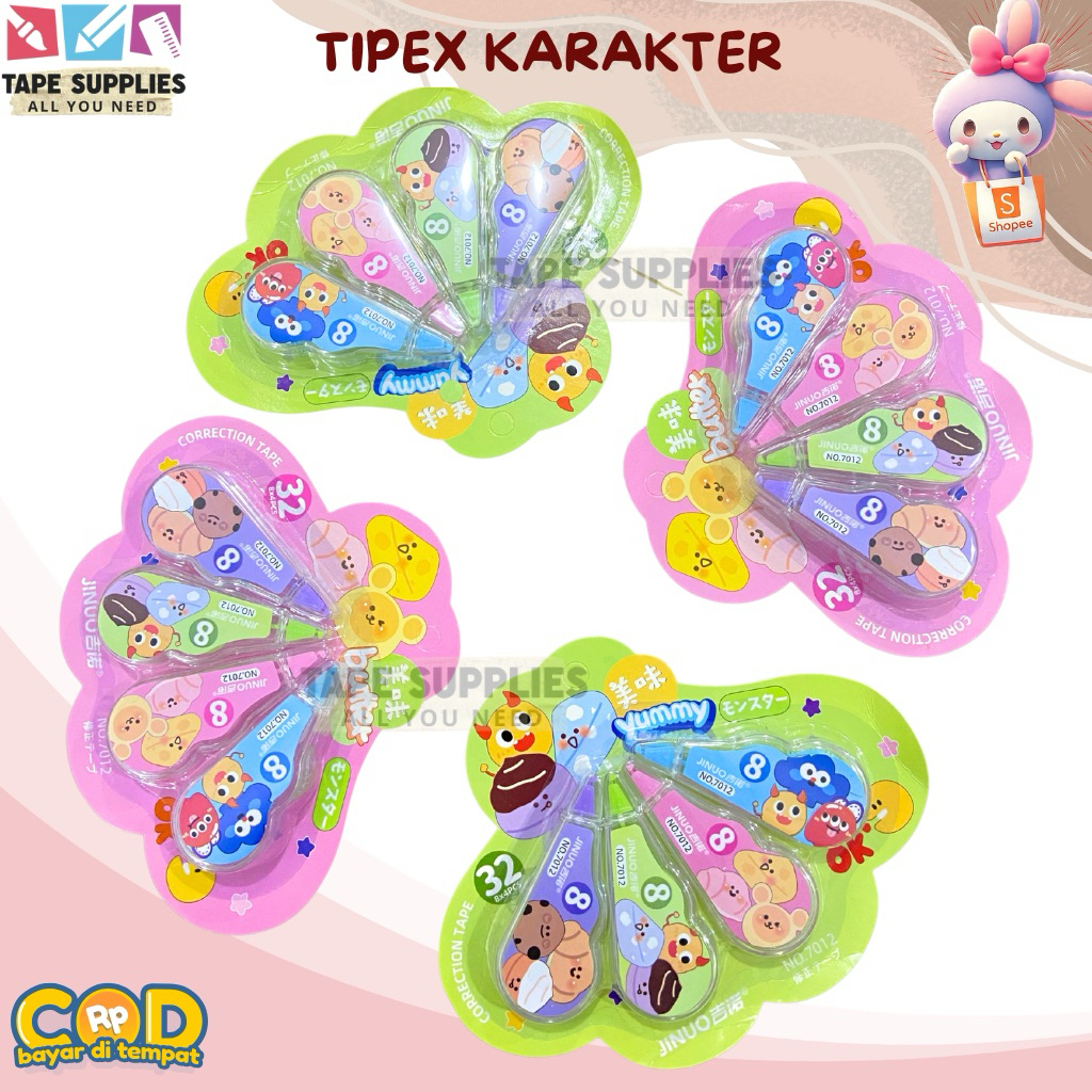 

(4 PCS) TIPEX / Tip-ex KARAKTER LUCU / Pita Koreksi Murah 8 Meter isi 4 PCS