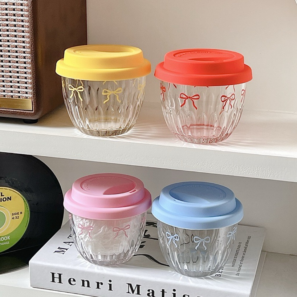 GL 31 SATUAN Gelas Mug Kaca Motif Pita Cantik dengan Tutup Silicone Tahan Panas / Gelas Matcha ala K