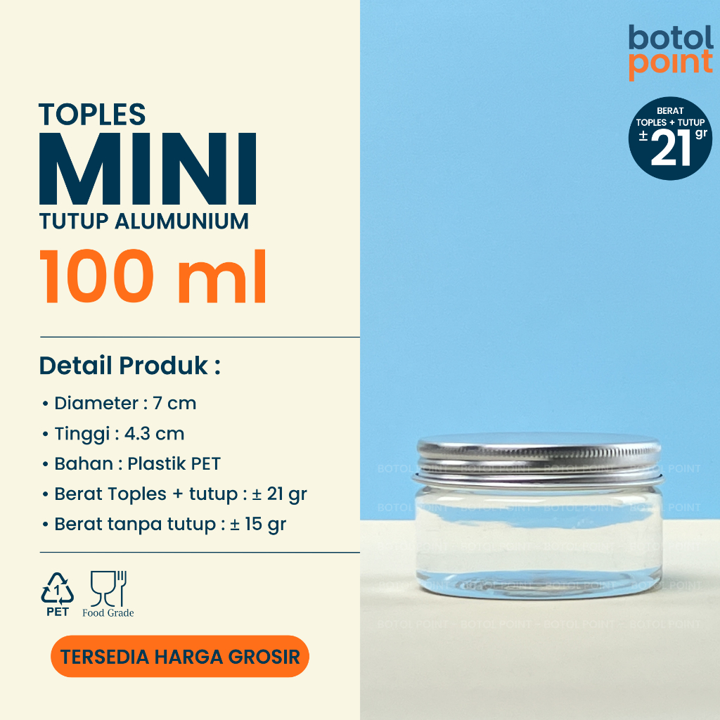 Toples MINI 100 ml TUTUP ALUMUNIUM - Toples Plastik 100ml GROSIR - Kemasan Makanan, Hampers, Sambal