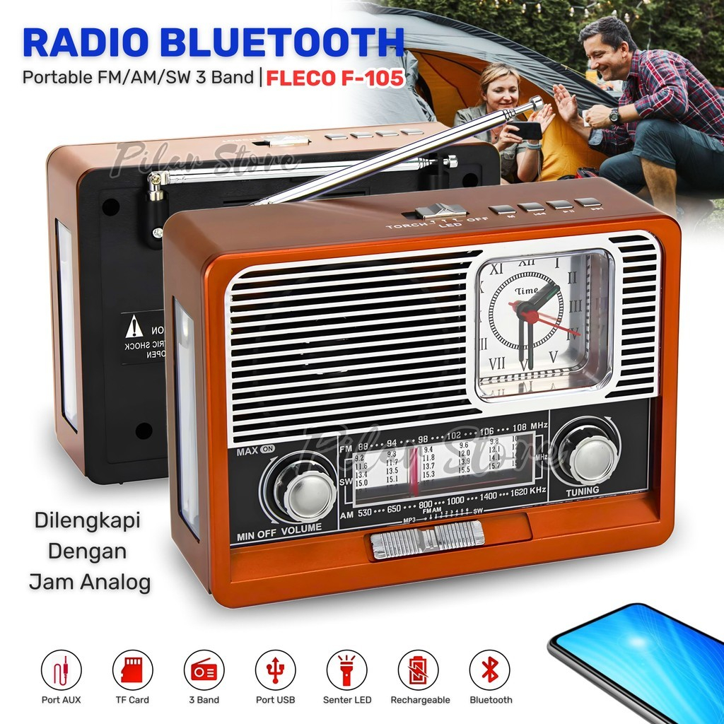 CODRadio Bluetooth Speaker Senter LED FLECO F-105 dengan Jam Analog | Bluetooth Radio Jadul