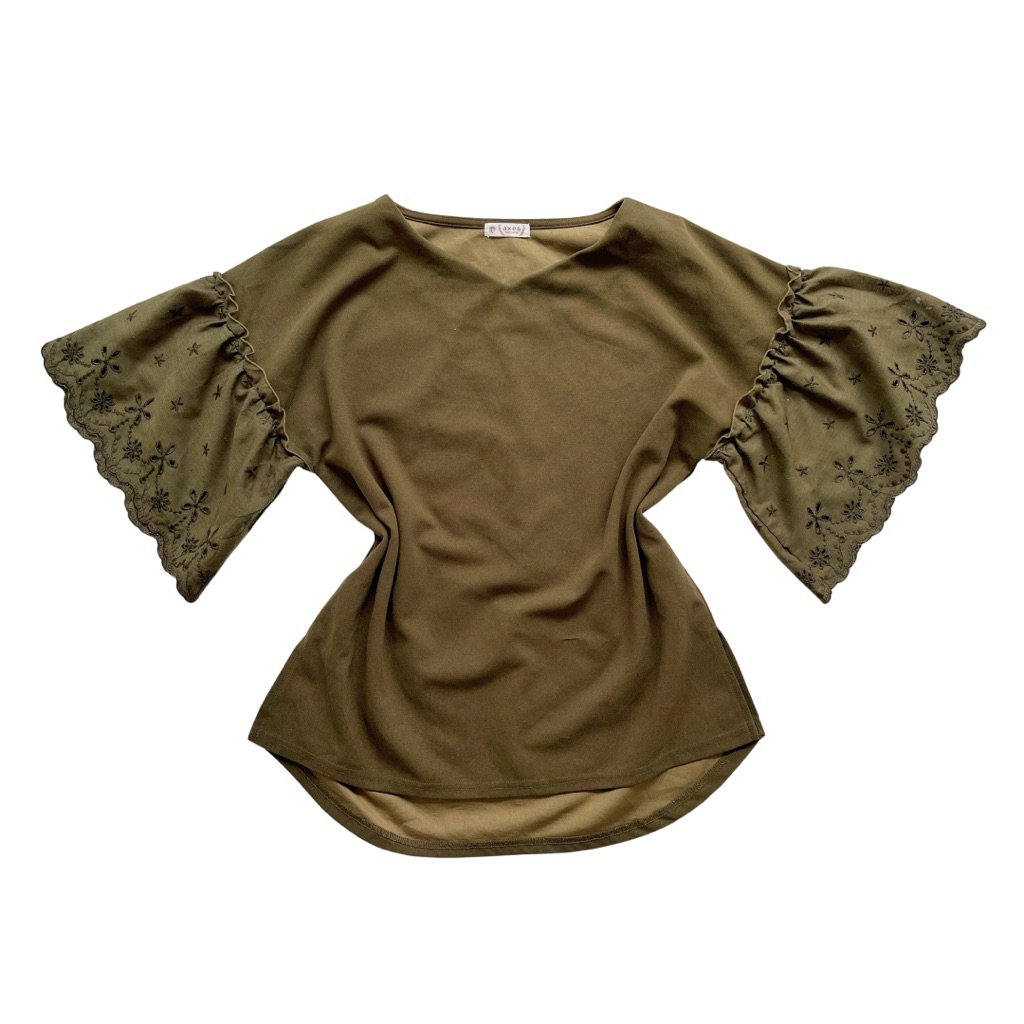 Axes Femme y2k cottagecore lace blouse v-neck bell sleeves ruffle atasan japan polos casual santai o