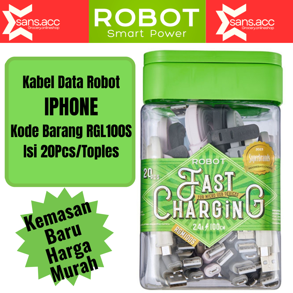Kabel Data ROBOT Iphone Lightning RGL100S Kabel Data Toples USB to Lightning Iphone 100cm (1 Toples 