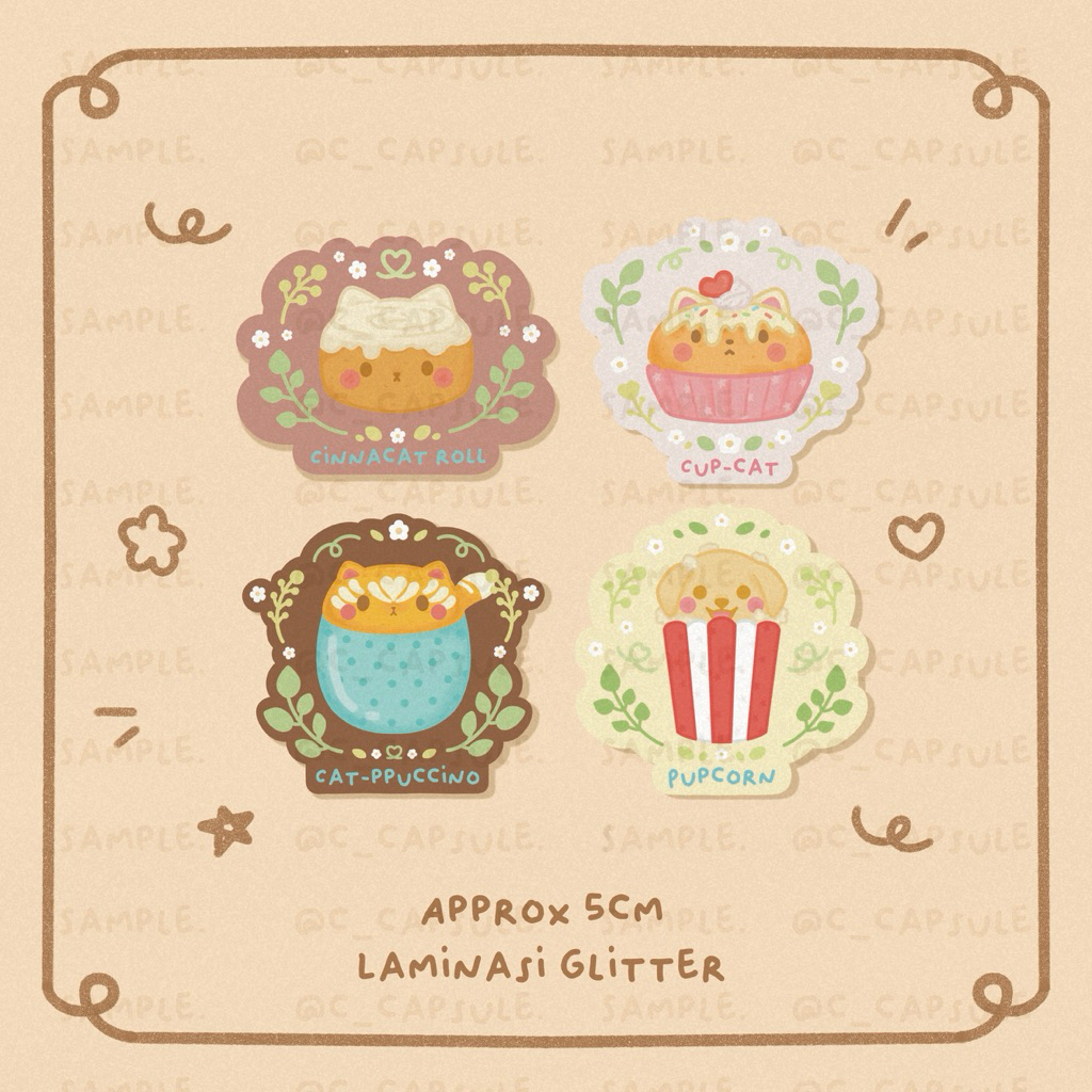 

Snacknimals Sticker Sheet - cappuccino cinnamon roll coffee cupcake popcorn - stiker anabul kucing anjing kopi cemilan snack