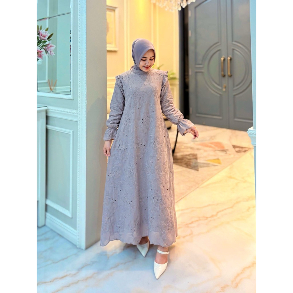 Midi Dress Katun Bordir Premium + furing katun ero ori By Edness Kayla(Midi Dress saja)