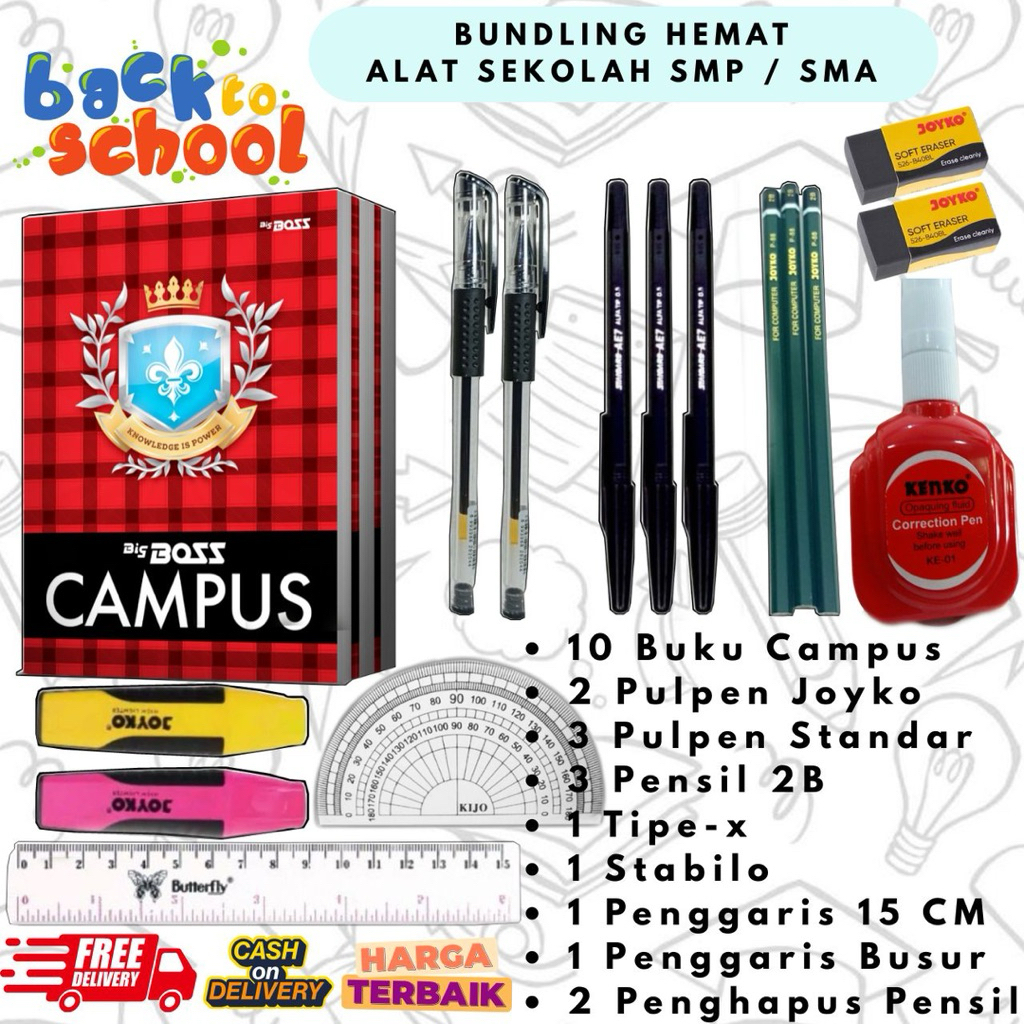 

Paketan Lengkap Buku Campus, Pulpen Joyko, Pulpen Standar, Pensil 2b, Tipe-X, Stabilo, Penggaris Butterfly, Penghapus || SMP - SMA