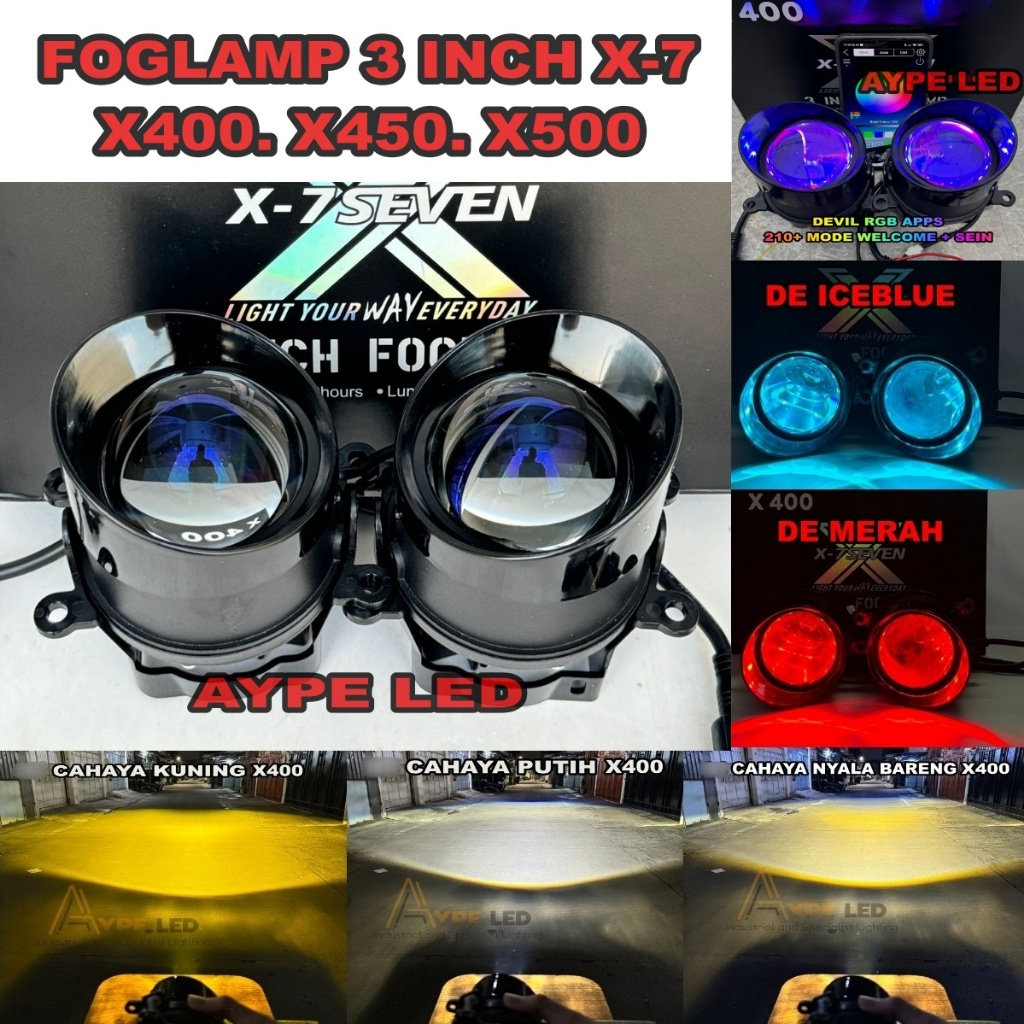 Foglamp Biled X-7EVEN X400 X450 3 inch Premium Bluelens Plus Demon Rgb Matrix 210+ Mode 3 Warna Caha
