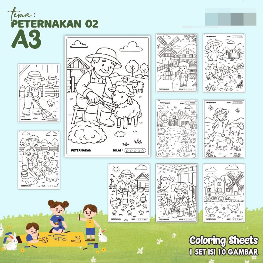 

KERTAS GAMBAR MEWARNAI TEMA PETERNAKAN - LEMBAR COLORING SHEETS FOR KIDS ISI 10 LEMBAR [A3] READY