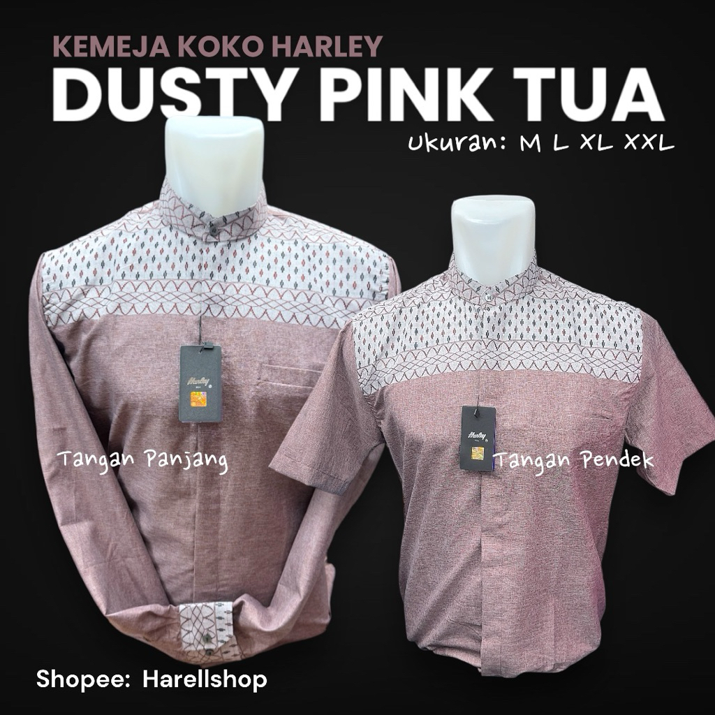 Kemko Harley Ori – Dusty Pink Tua Kombinasi Putih – Lengan Panjang & Pendek – Kemeja Koko Pria
